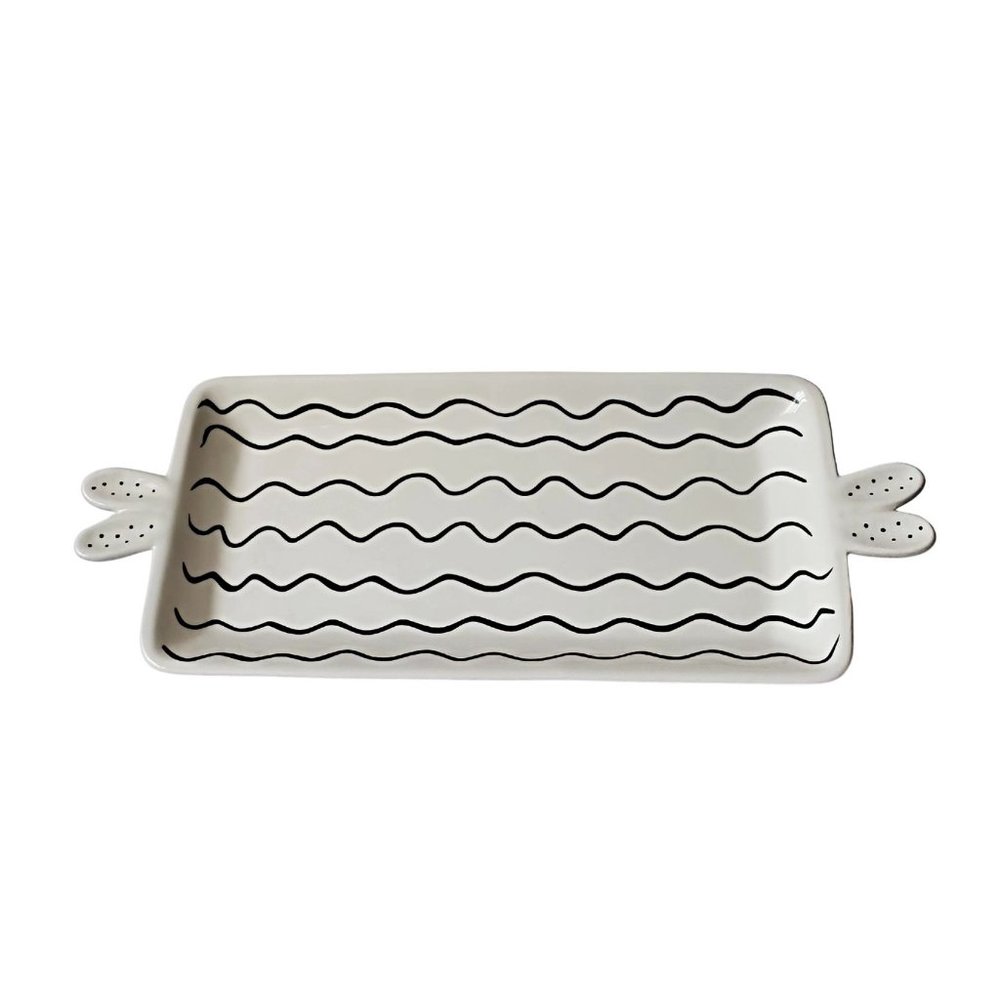 Ceramic Black & White Serving Platter with Bunny Ear Handles